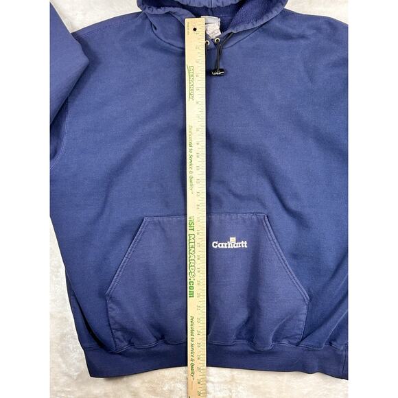 VTG 90s Carhartt Hoodie Pullover Spellout Sweatshirt Workwear K132 Navy Mens 2XL - Picture 5 of 8